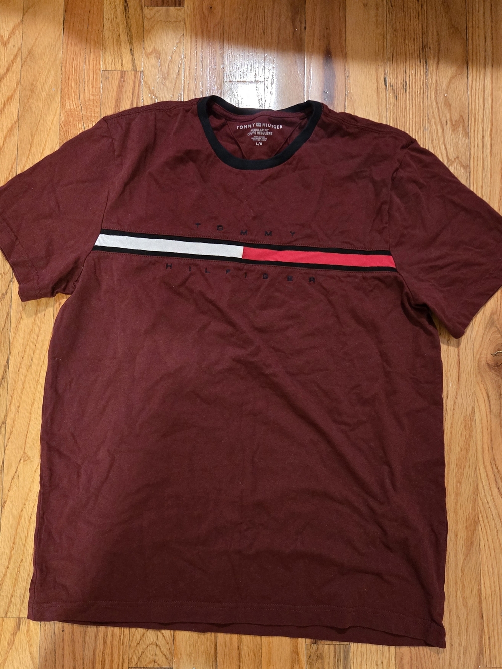 Tommy Hilfiger Men’s Maroon Logo Stripe Crew Neck T-Shirt